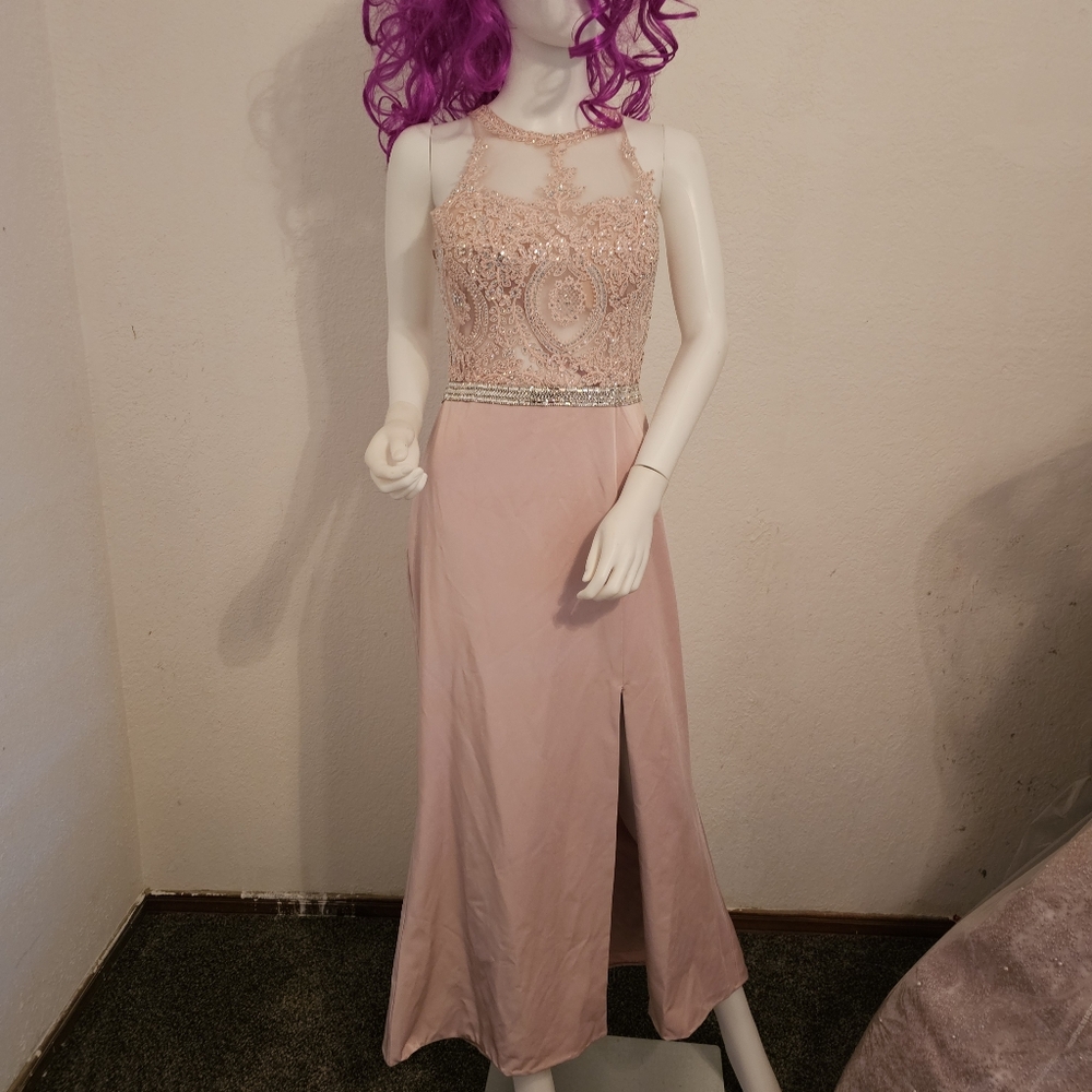 Prom long halter dress pink satin Embellished s